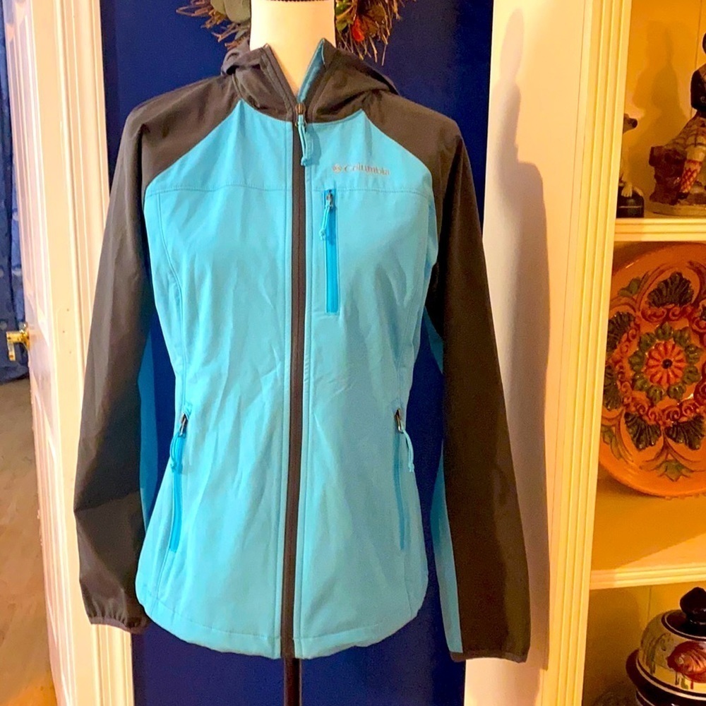 Women’s Teal and Gray Columbia Wind Breaker Full Zip Hooded Jacket Size Medium